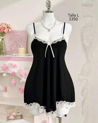 Baby doll negro con encaje blanco talla L