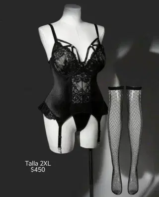Baby doll negro con medias de red talla 2XL