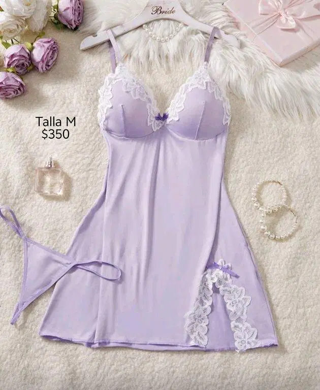 Baby doll lila con encaje blanco talla M